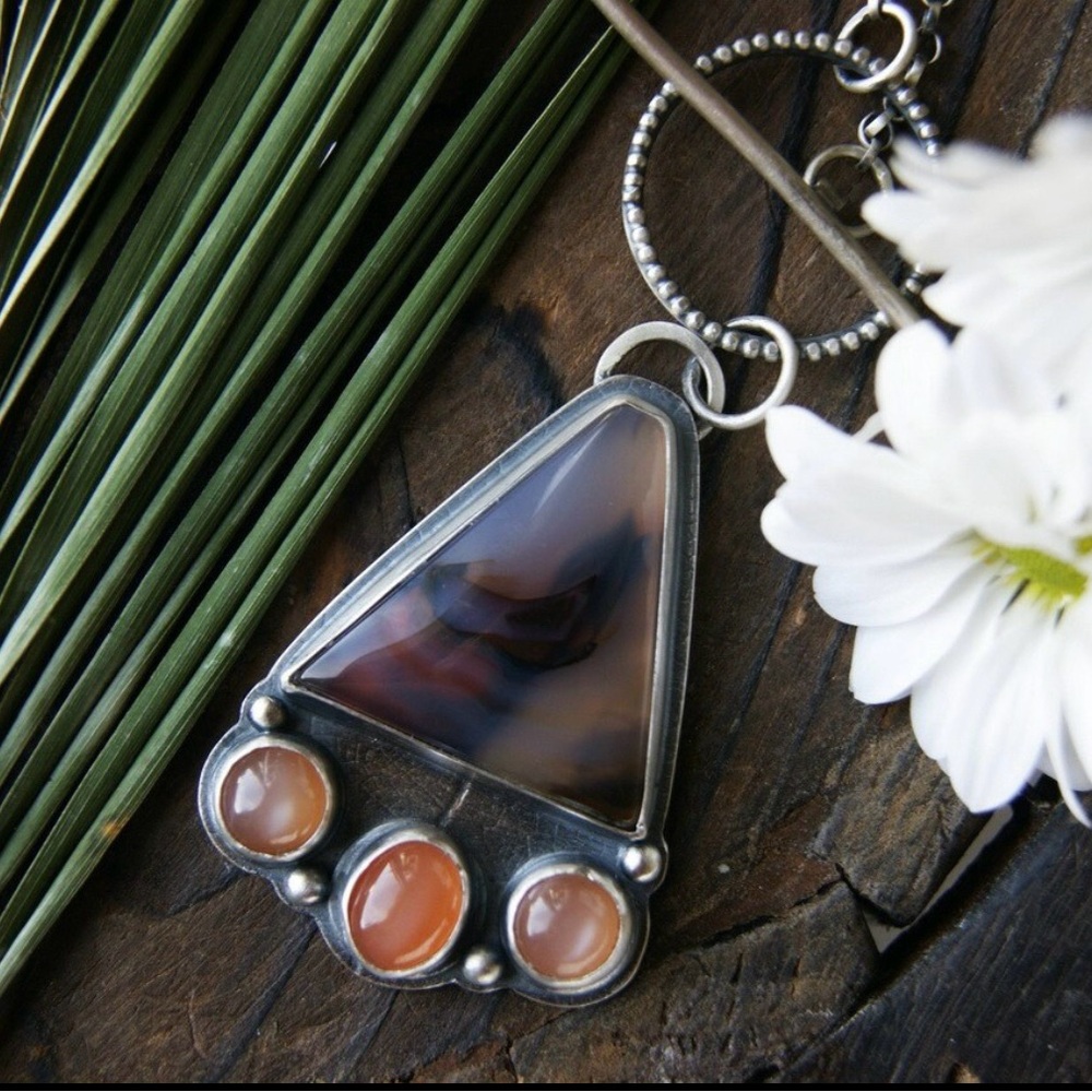 Parana Brazilian Agate and Peach Moonstone sterling silver necklace